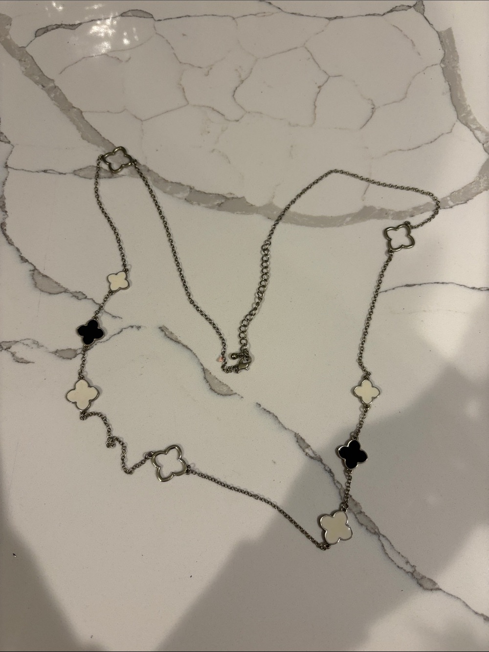 Sterling Silver Clover Station Necklace in Black and White